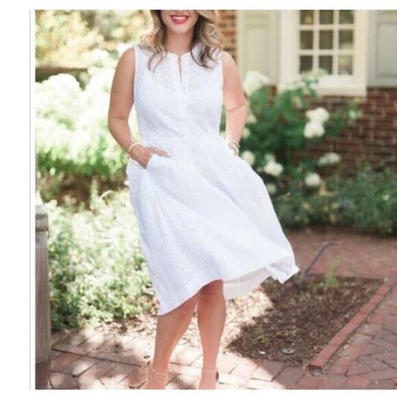 J. Crew Eyelet Lace Sleeveless Tea Length Button Down Dress White Lined size 12 - Picture 3 of 13